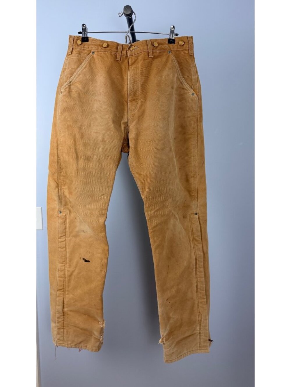Carhartt Mens 34x32 Duck Canvas Work Pants Red Quilted Lining Tan Distressed